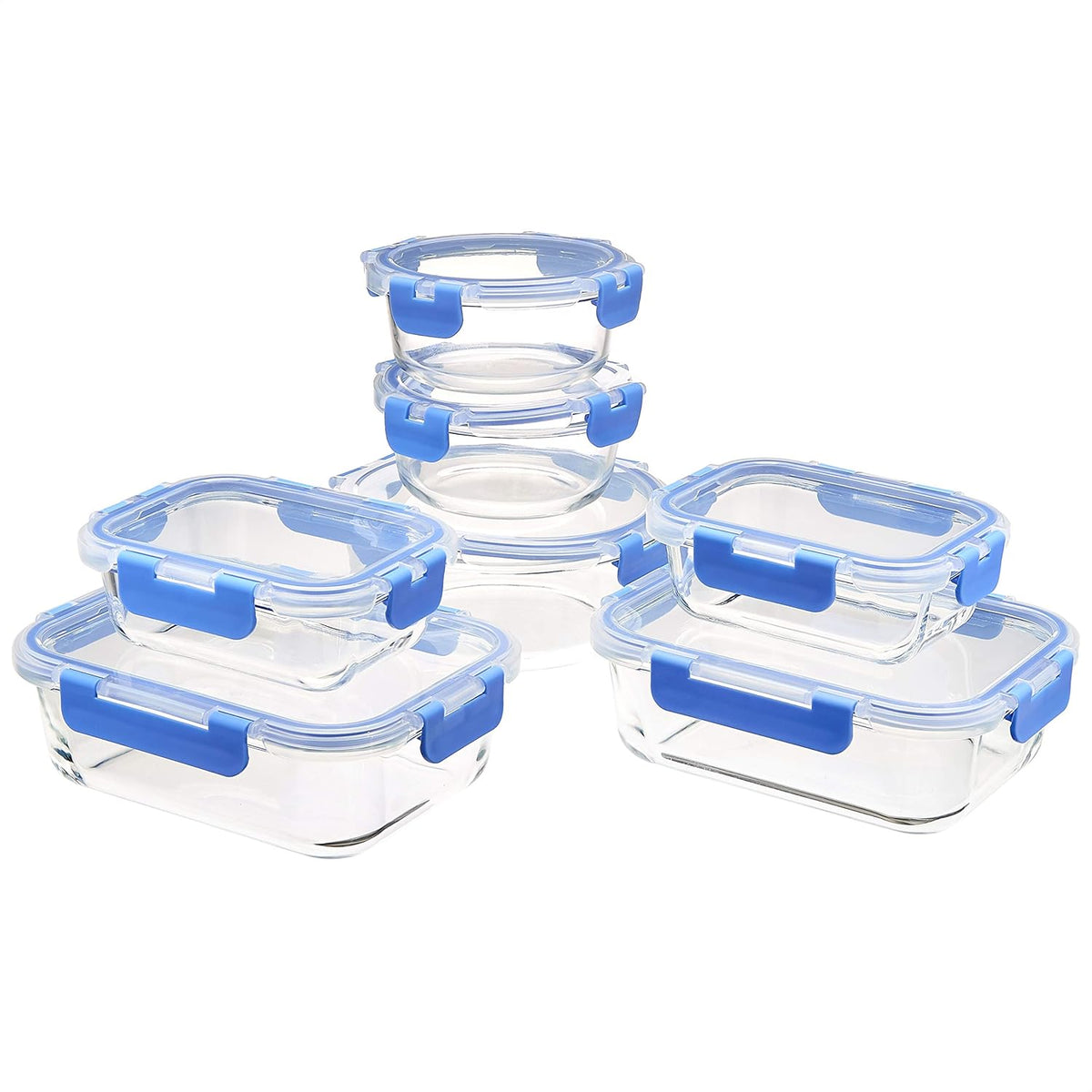 Glass Food Storage Containers with Locking Lids, Set of 7, 14 Pieces Including Lids, BPA-Free, Clear with Blue Silicone Ring