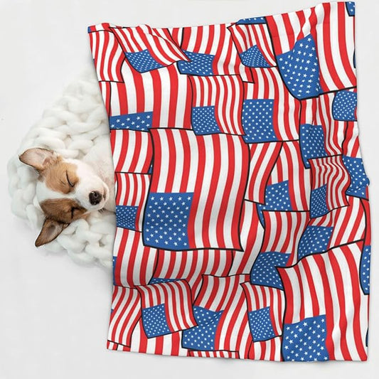 Two Sided Plush Pet Blanket for Crates Carriers Home Use, Novelty American Flag, Reversible Throw with Cozy Dot Fabric and Silky Reverse for Small Large Pets