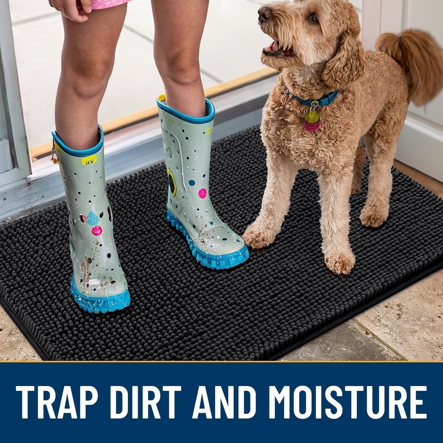 Smiry Dog Door Mat for Muddy Paws 48x30, Absorbs Moisture and Dirt Doormat, Non-Slip Washable Quick Dry Chenille Front Door Mat Indoor Entrance, Entryway Carpet for Inside Floor, Black