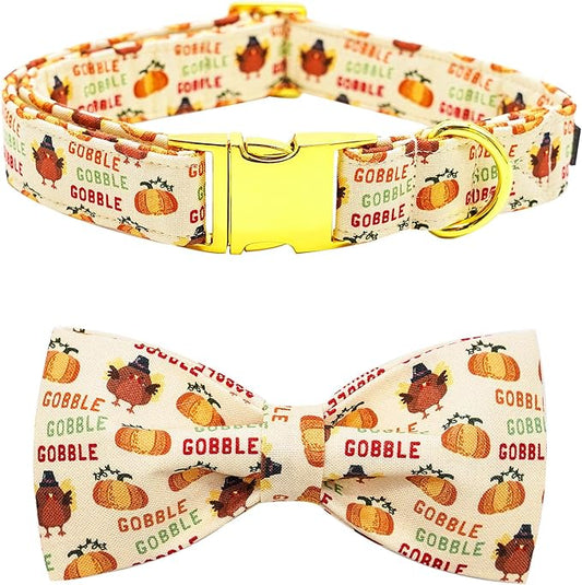 Adjustable Dog Collar for Small Dogs - Thanksgiving Turkey Pet Collar with Bow