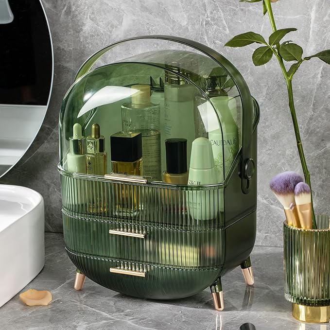 CANITORON Makeup Organizer,Large Capacity Skincare Organizer for Vanity,Cosmetic Organizer with 2 Drawers and Transparent Cover for Bedroom Countertop and Bathroom Countertop Storage.(LGreen)