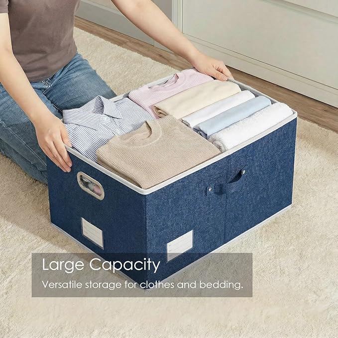 PRANDOM Storage Bins with Lids [3-Pack] Linen Fabric Foldable Storage Boxes Organizer Containers Baskets Cube with Cover for Bedroom Closet Office Royal Blue(23.4X15.9X11.4)
