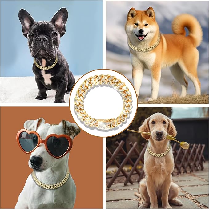 Diamond Cuban Style Dog Chain Collar Bling Gold Walking Necklace with Safety Lock Pet Jewelry for Small Medium Large Dogs Cats(Glod 10inch)