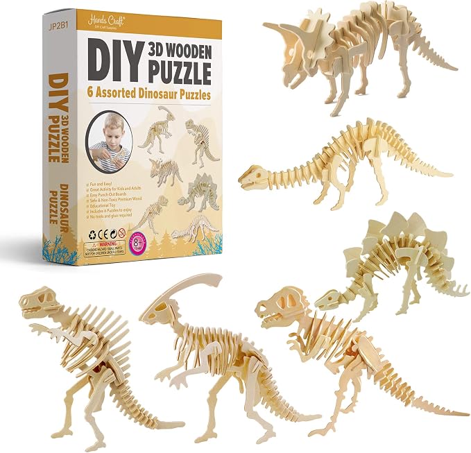 Hands Craft DIY 3D Wooden Puzzle – 6 Assorted Dinosaur Bundle Pack Set Brain Teaser Puzzles Educational STEM Toy Adults and Kids to Build Safe and Non-Toxic Easy Punch Out Premium Wood JP2B1