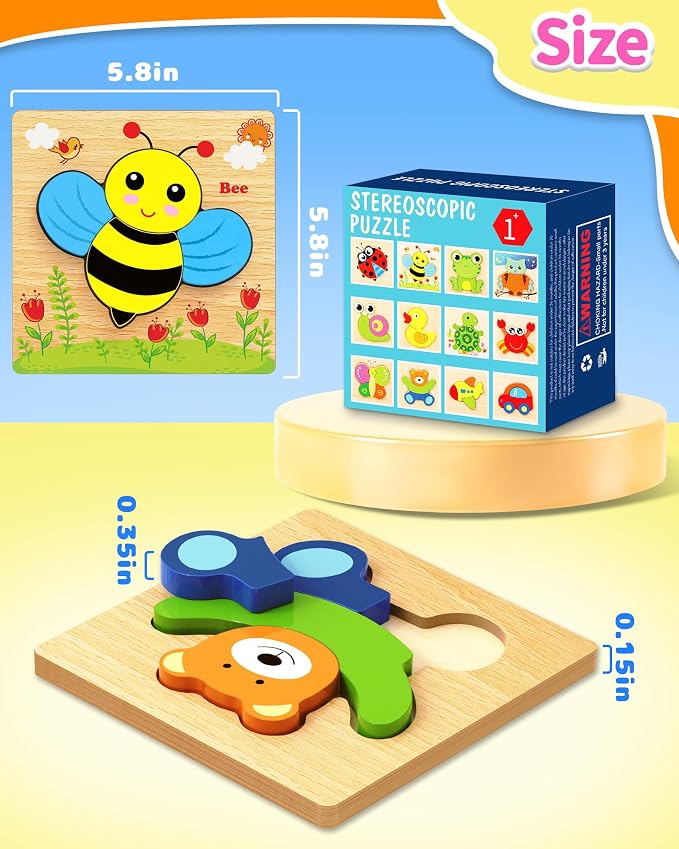Bekayshad Wooden Puzzles for Toddlers 1-3, Montessori Toys for 1 2 Year Old | Toddler Puzzles, 1 2 Year Old Boy Girl Birthday Gifts, 4 Pack Animal Shape Jigsaw Puzzles, Learning Educational Preschool Toy