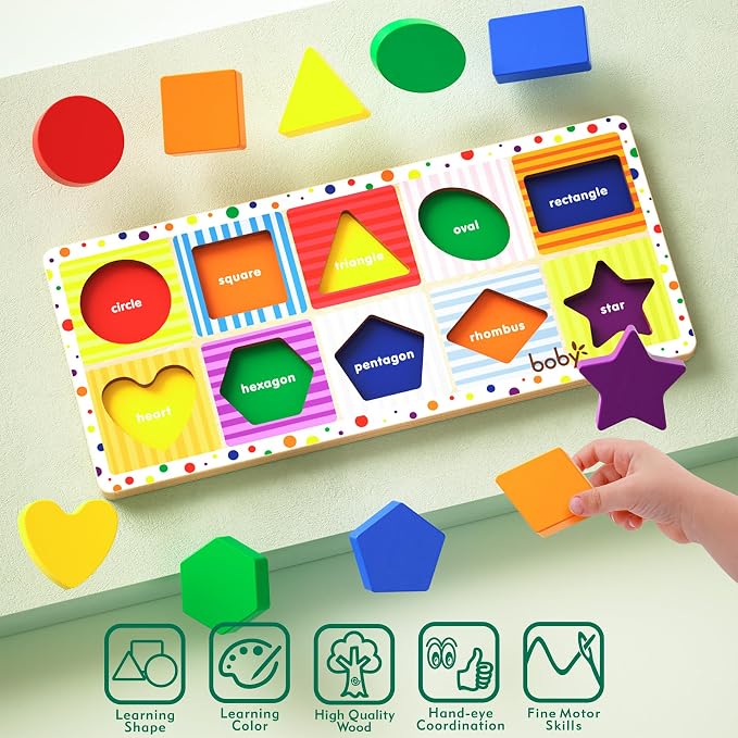 Dailyfunn Wooden Geometric Shape Puzzle (10 pcs) Toddler Puzzles for Ages 1-3 Years Old 12-18-24 Months