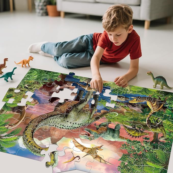 Jumbo Floor Puzzle for Kids,48 Piece Forest Dinosaur Jigsaw Puzzle Ages 3-8 | Thick Cardboard Forest Dinosaur Puzzle for Preschool Learning,Toddlers Ages 3-8,35x24 in Completed,Gift for Boys and Girls