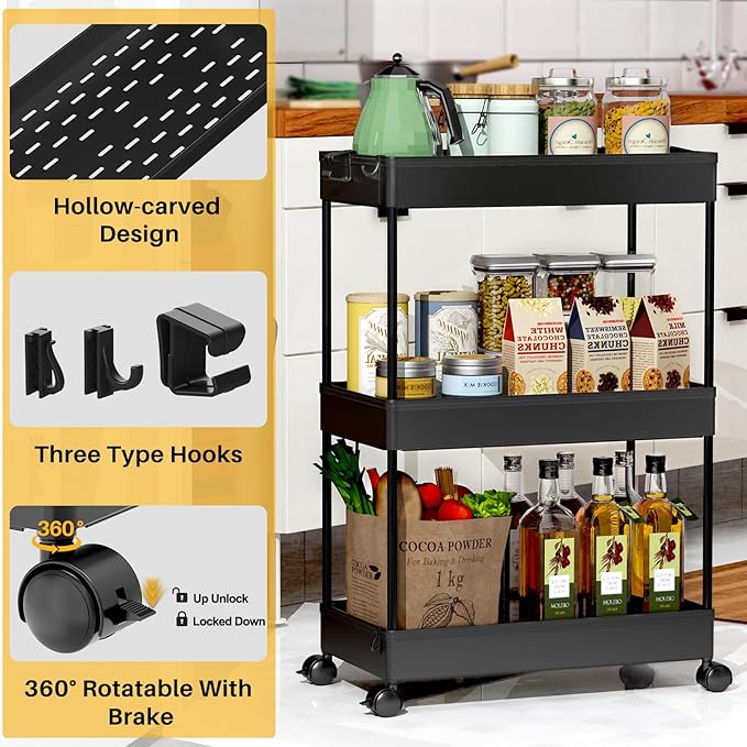 SPACEKEEPER Rolling Storage Cart 3 Tier Bathroom Cart Organizers with Wheels Laundry Room Organization Mobile Shelving Unit Utility Cart Storage Shelves Multi-Functional for Office, Home, Black
