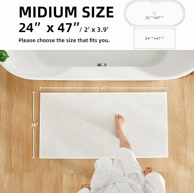 Bathroom Rugs Non Slip Washable, Super Absorbent Thin Bath Mat Quick Dry Low Pile Bathroom Rug, White 24"x47"
