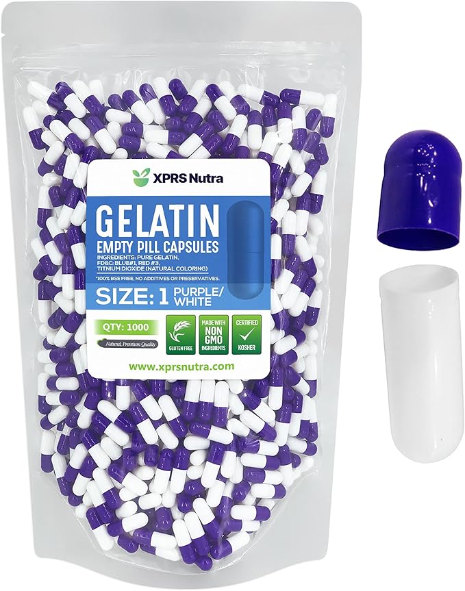 XPRS Nutra Size 1 Empty Capsules - 1000 Count Empty Gelatin Capsules - Empty Pill Capsules - DIY Capsule Filling - Pure Bovine Pill Capsules Empty Gel Caps (Purple/White)