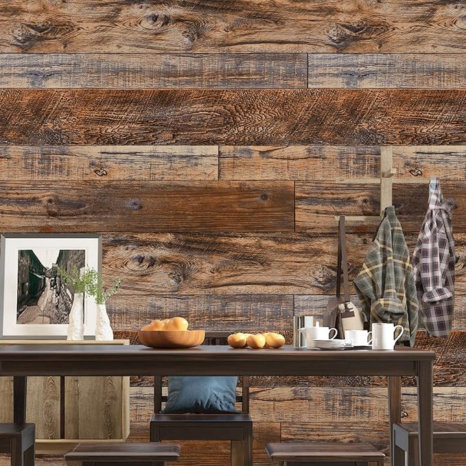 WENMER 11.8" x 78.7" Brown Wood Peel and Stick Wallpaper Shiplap Self Adhesive