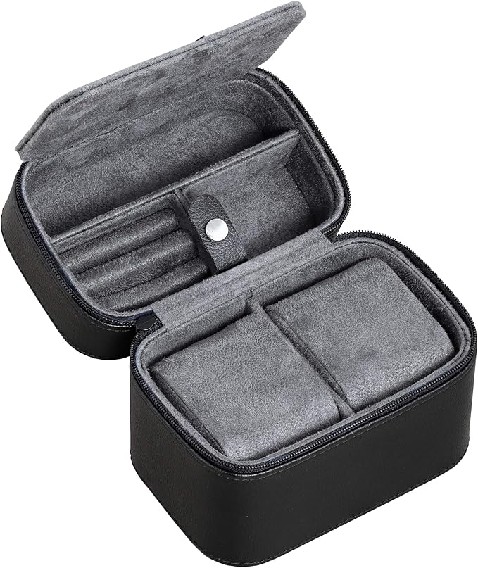 ROTHWELL Gift Set 6 Slot Leather Watch Box and 2 Watch Travel Case - Luxury Case Organizer, Microsuede Liner, Locking Mens Jewelry Watches Holder, Storage Boxes Glass Top (Black/Grey Gift Set)
