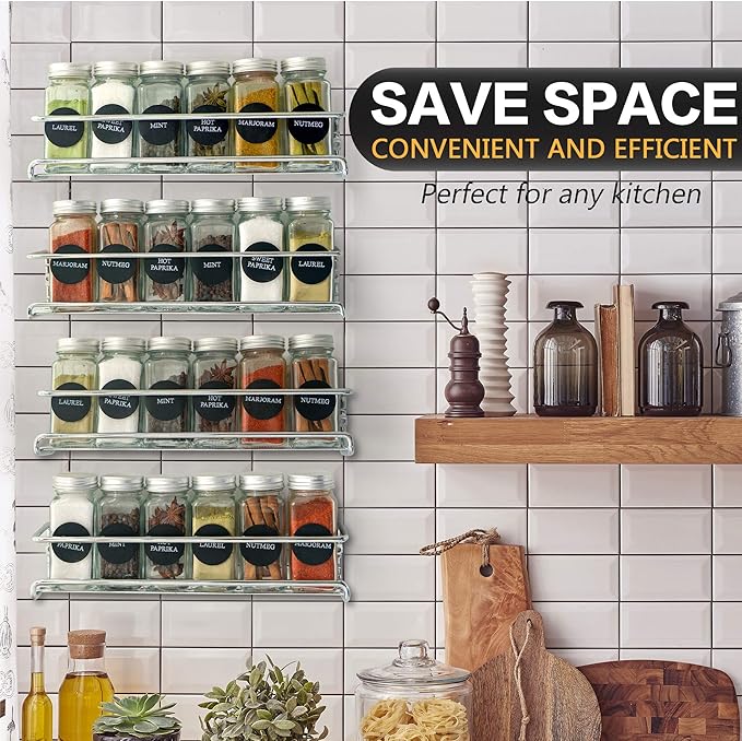 Wall Mount Spice Rack Organizer for Cabinet Door - Set of 4 Hanging Spice Shelves in Chrome- 11.5 x 2.5 x 2.5 Inches.