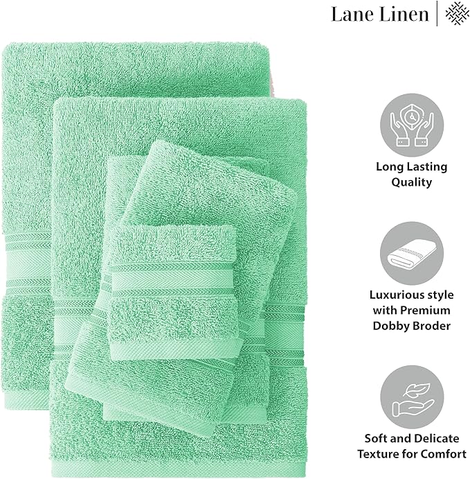 LANE LINEN Luxury Bath Towels Set - 6 Piece Set, 100% Cotton Bathroom Towels, Zero Twist, Quick Dry Soft Absorbent Shower 2 Bath Towel, 2 Hand Towel, 2 Wash Cloths - Aqua Sky