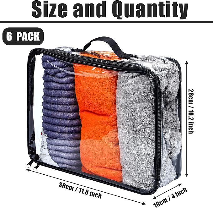 6 Pieces Large Clear Travel Packing Cube Clear Vinyl Zippered Storage Bags See Through Moving Bag PVC Multipurpose Pouch with Handle for Suitcase Shirts Dress Storage (Black, 11.8 x 10.2 x 3.9 Inch)