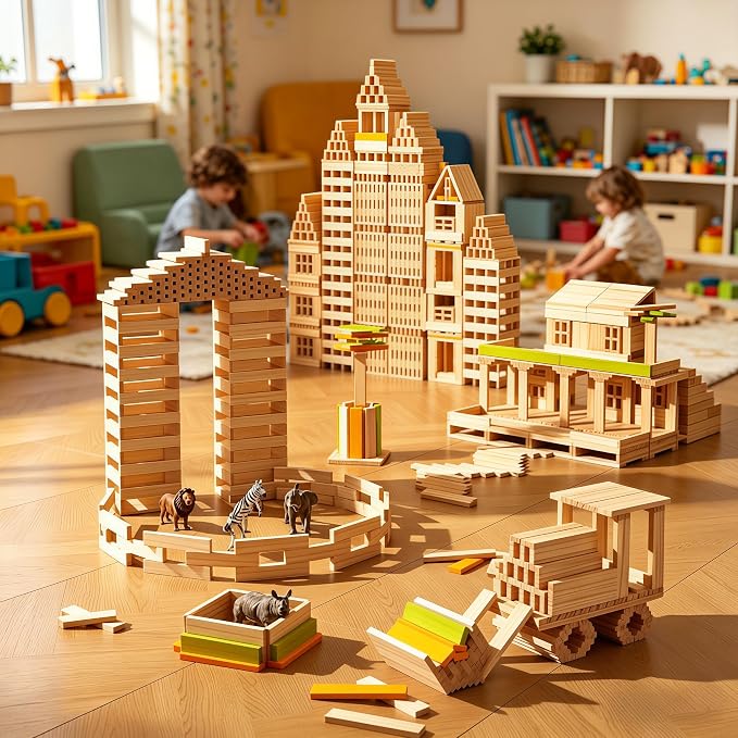 Jumbo 42 Pcs Medium Wooden Building Blocks for Kids,Natural Pine Construction Toy - 9.8 in Large Building Planks for Fast & Satisfying STEM Play, Sensory Motor Skills Family Game Night (20lbs)