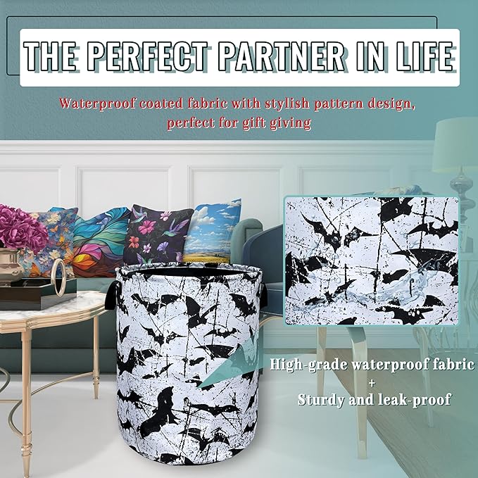 Black White Bats Laundry Basket Foldable With Handles Universal Tote Bag Oxford Cloth Funny Laundry Hamper 18.9" x 16.5" Clothes Storage Bucket Toy Organizer For Bathroom/Laundry/Bedroom