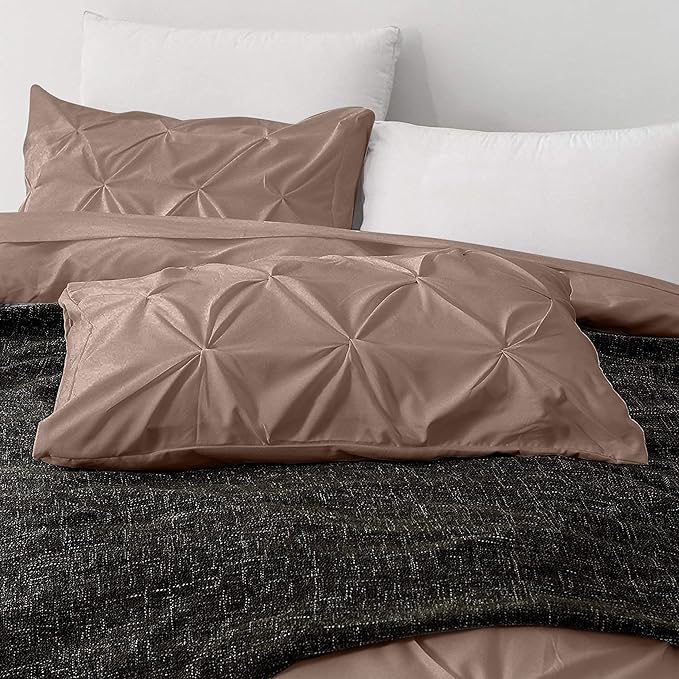 Pinch Pleated Duvet Cover Set 100% Cotton 3PC Queen Size 90x90 Duvet Cover Set, Decorative Pinch Design Taupe Duvet Cover with Matching Pillow Case
