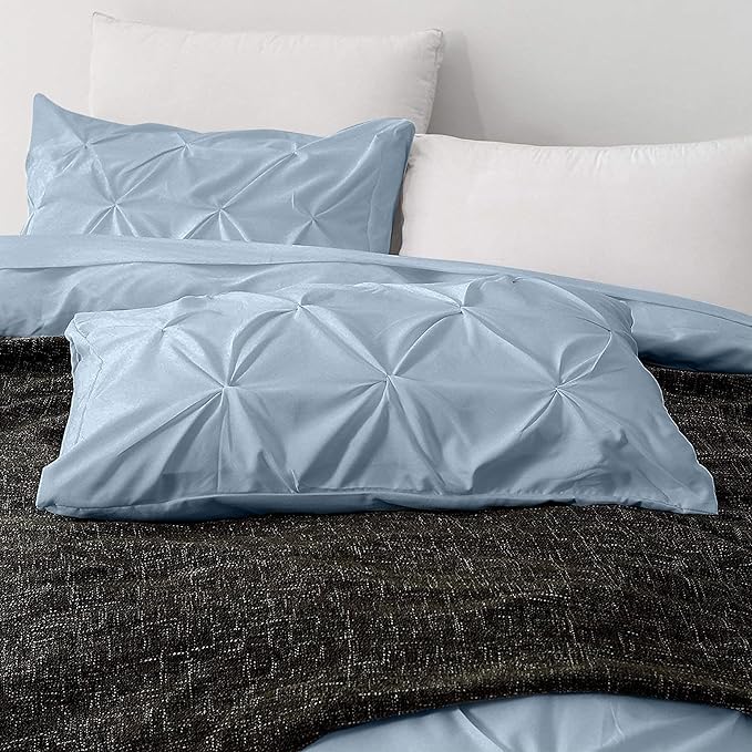 Pinch Pleated Duvet Cover Set 100% Brushed Microfiber 3PC Full Size 80x90 Duvet Cover Set, Decorative Pinch Design Sky Blue Duvet Cover with Matching Pillow Case