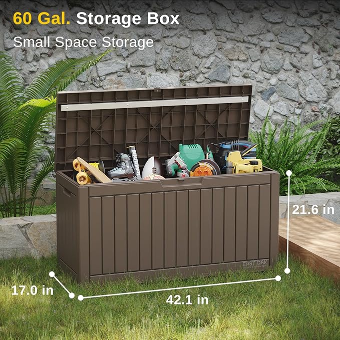 EAST OAK Outdoor Storage Box, 60 Gallon Deck Box Indoor and Outdoor Use, Waterproof Resin Storage Bin for Patio Cushions, Gardening Tools, Lockable, UV Resistant, Brown