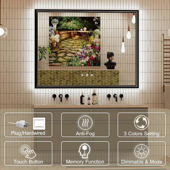 40x30 Inch Black LED Bathroom Mirror with Front and Back Lights, Adjustable 3000K/4500K/6000K, Wall-Mounted Framed Lighted Bathroom Vanity Mirrors, Anti-Fog, Dimmable, Horizontal/Vertical