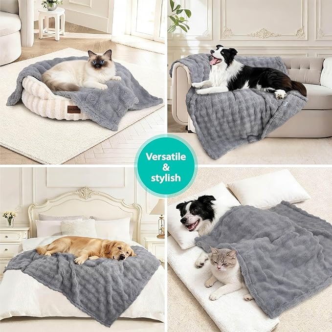 Dog Blankets Washable Pet Blanket - Fluffy Fuzzy Cat Puppy Blanket with Premium 300GSM 3D Fleece Bubble for Pet Kitten Doggy, Grey, 25x35IN