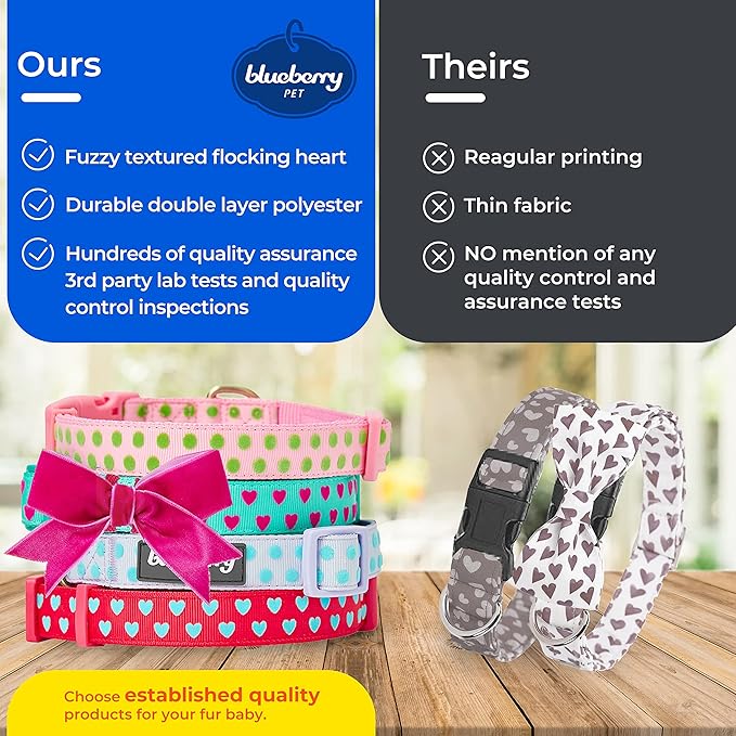Blueberry Pet Dog Collar with Bowtie, Neck 14.5-20" Adjustable for Medium Dogs, Lust Red Heart Design, Valentines Day Girl Dog Collars, Non-Stretch, Secure Fit, Puppy & Female Dog Accessory