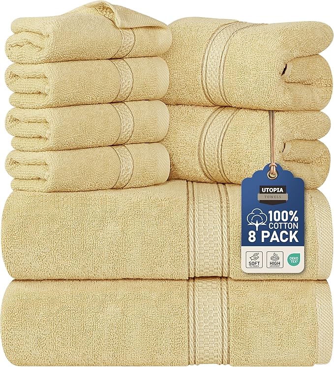 Utopia Towels 8-Piece Premium Towel Set, 2 Bath Towels, 2 Hand Towels, and 4 Wash Cloths, 600 GSM 100% Ring Spun Cotton Highly Absorbent Towels for Bathroom, Gym, Hotel, and Spa (Beige)
