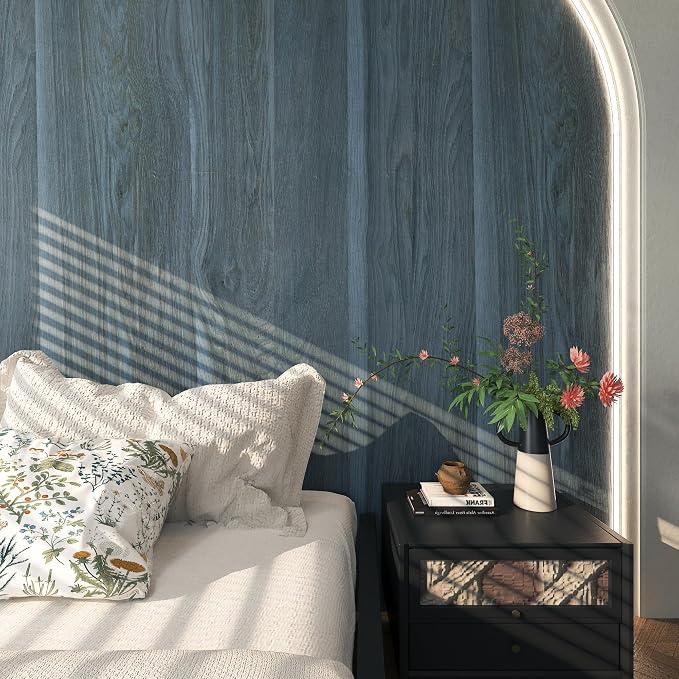 BOMENG Blue Wood Grain Wallpaper Peel and Stick Peacock Contact Paper