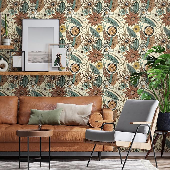 Boho Wallpaper Peel and Stick, Retro Floral Contact Paper 17.5" x 393.7"