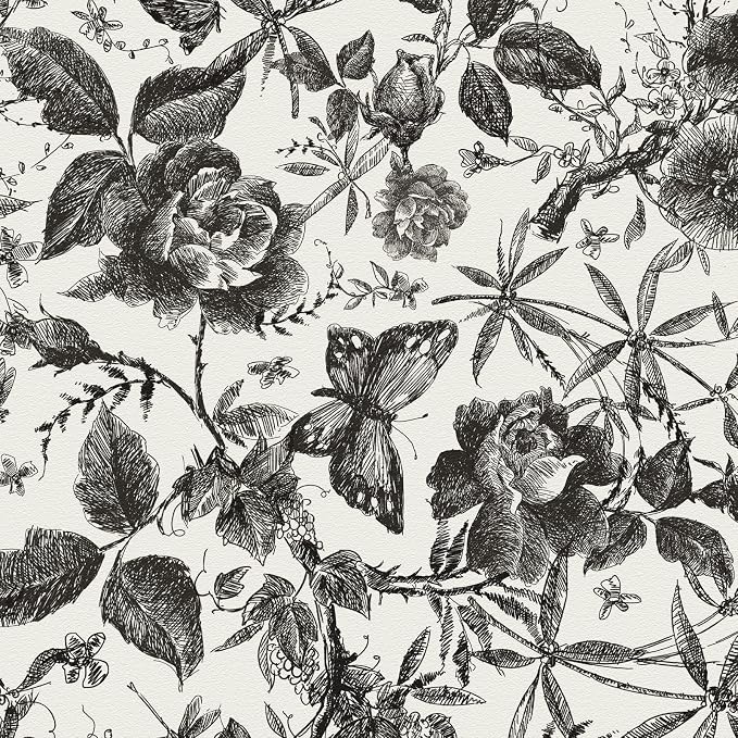 JiffDiff Floral Vintage Wallpaper Peel and Stick Wall Stick Black Rose