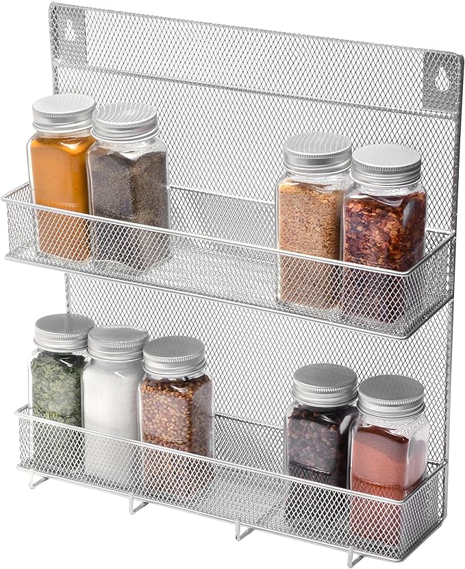 YBM Home 2-Tier Wall Mount Mesh Spice Rack Organizer with Hooks for Cabinet Pantry Door Kitchen, Large Hanging Spice Shelf, Chrome 1153