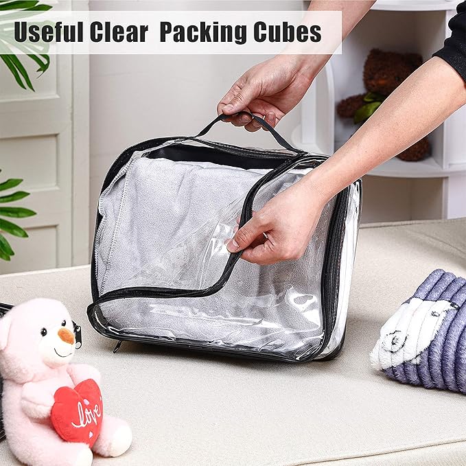 6 Pieces Large Clear Travel Packing Cube Clear Vinyl Zippered Storage Bags See Through Moving Bag PVC Multipurpose Pouch with Handle for Suitcase Shirts Dress Storage (Black, 11.8 x 10.2 x 3.9 Inch)