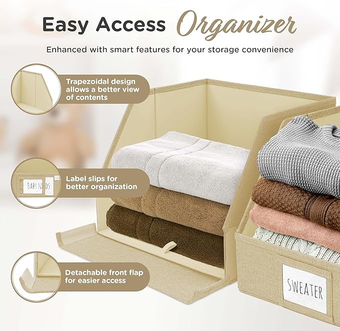 Trapezoid Storage Bins – 3-Pack Closet Shelf Organizer & Baskets, Open Front Bin for Shelves, Foldable Fabric Basket for Clothes, Cube Storage Bins, Towel, Clothing Shelf (Beige, 3 Pack)