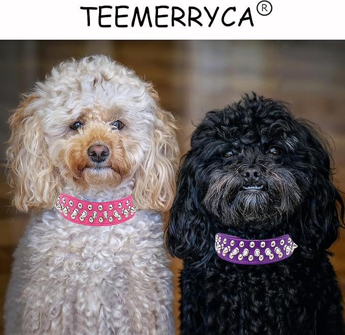 TEEMERRYCA Adjustable PU Leather Spiked Studded Dog Collars with a Squeak Ball Gift for Small Medium Large Pets Like Cats/Pit Bull/Bulldog/Pugs/Husky, Purple, S 10.8"-13.2"