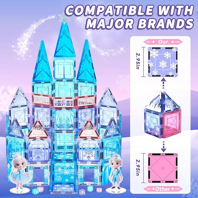 Magnetic Tiles Building Toys Set with 2 Dolls, Princess Castle Magnetic Blocks for Kids Ages 3-5 4-8, STEM Educational Sensory Magnet Toys Birthday Gifts for Toddlers Girls Boys