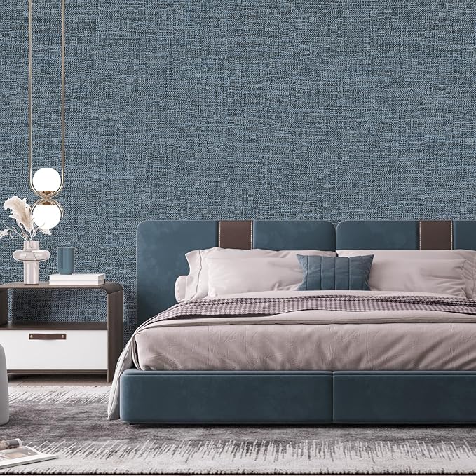 Blue Gray Grasscloth Peel and Stick Wallpaper 17.3"x1200" Faux Linen Textured