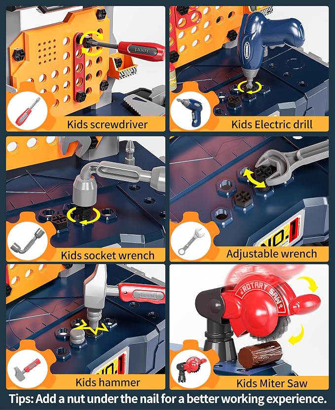 Deejoy Kids Tool Bench with Electric Drill and Miter Saw | 2-in-1 Toddler Workbench and Tool Box Set, Construction Toys for Boys 3-5, Engineering Play Set for Toddlers Age 3 4 5 6