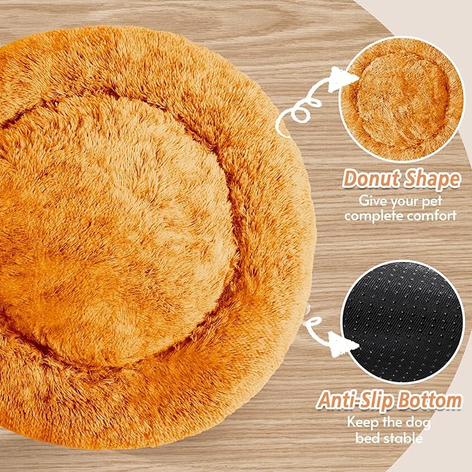 JOLLYVOGUE Medium Calming Dog Bed, Anti-Anxiety Donut Cuddler Cat Bed with Anti-Slip Bottom, Fluffy Faux Fur Machine Washable Pet Cushion for Medium Large Dog & Cat (31")
