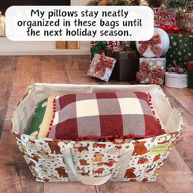 VENO 2 Pack Moving Bags and Large Christmas Storage Bins with lids. Alternative to Moving Boxes, Packing Supplies for College. Extra Large Heavy Duty Totes for Packaging (Holiday Pups, 2 Pack)