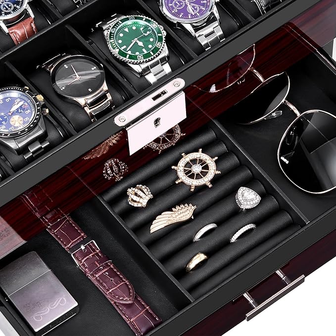 ANWBROAD 12 Slot Watch Cases for Men, Watch Box with Large Lid Jewelry Box with Watch Storage 2-Tier Paint Surface, Watch Holder Organizer for Men Lockable Watch Display Case UJWB001Y