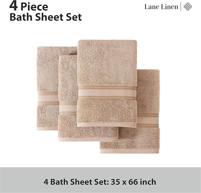 LANE LINEN 100% Cotton Bath Sheets Set of 4 (35"x66") - Zero Twist Cotton Extra Large Bath Towels Sets - Quick Dry, Highly Soft & Absorbent Oversized Luxury Towel Sets - Sustainabaly Produced - Taupe