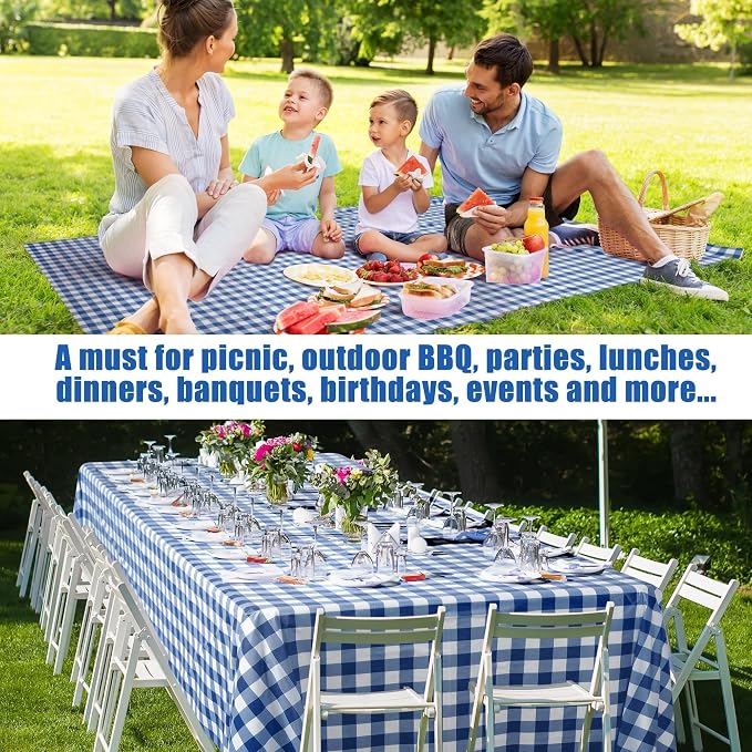 Kochorie 54 Inch x 300 Ft Blue Checkered Plastic Table Cloth Roll Disposable