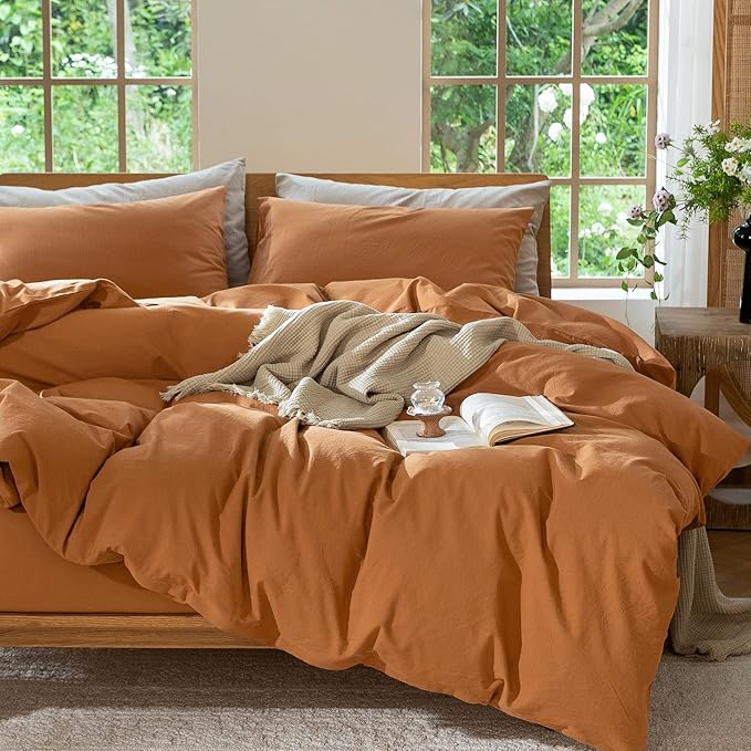 MooMee Bedding Duvet Cover Set 100% Washed Cotton Linen Like Textured Breathable Durable Soft Comfy (Solid Burnt Orange, Queen 90"x90")