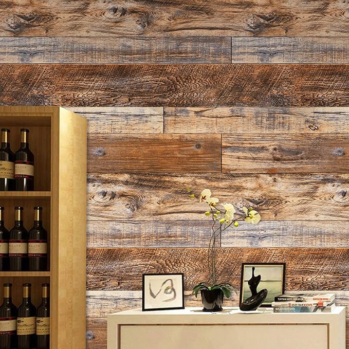 WENMER 17.71" x 394" Brown Wood Peel and Stick Wallpaper Shiplap Self Adhesive