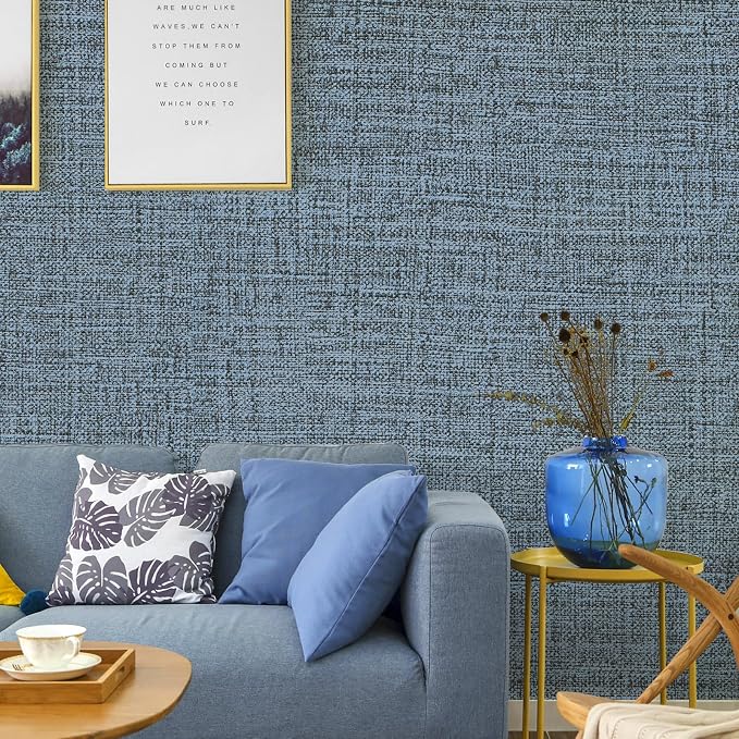 Blue Gray Grasscloth Peel and Stick Wallpaper 17.3"x1200" Faux Linen Textured