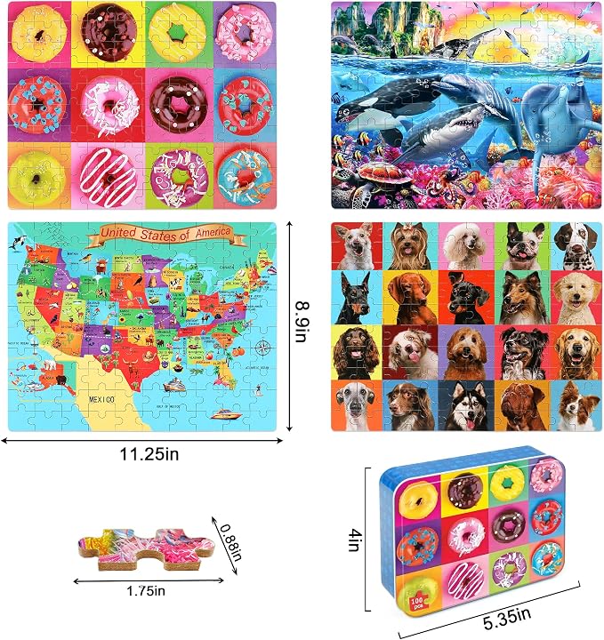 LELEMON Puzzles for Kids Ages 4-6,4-Pack 100 Piece Puzzles for Kids Ages 4-8 in a Metal Box,Dogs Donut USA Map Underwater World Educational Jigsaw Puzzles Puzzle Games Puzzle Toys for Girls and Boys