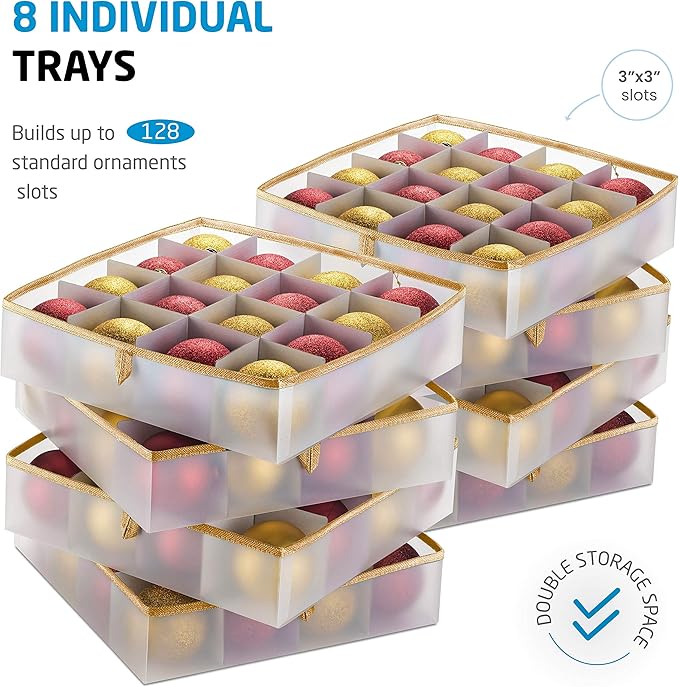 ZOBER Christmas Ornament Storage Box Plastic - Stores 128 3" Ornaments with Individual Trays - Ornament Organizer Storage Box, Durable Christmas Containers Holder - Gold