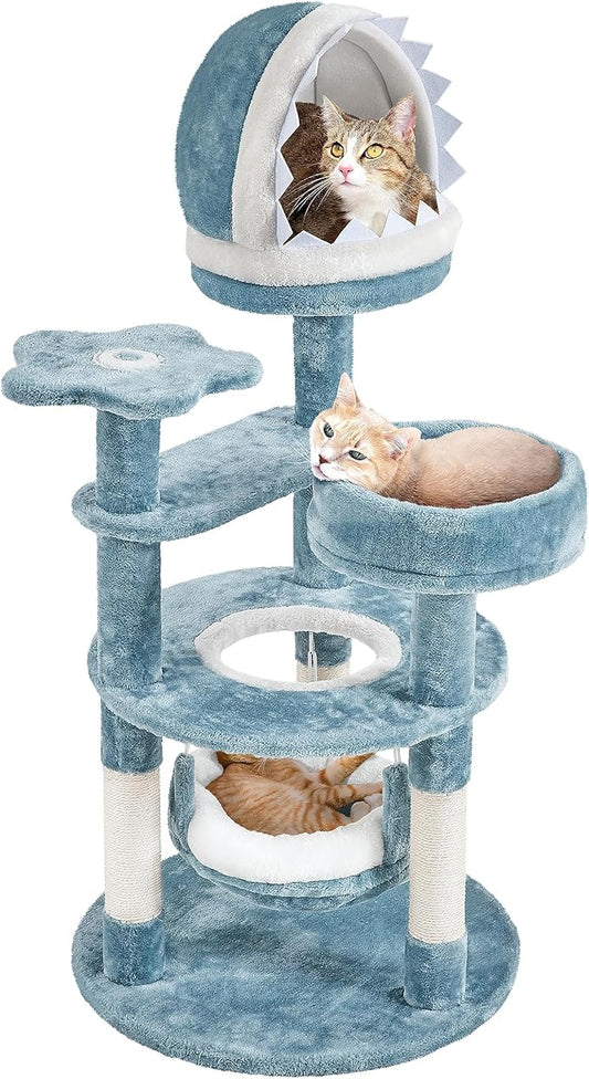 Yaheetech 45.5in Ocean-Themed Cat Tree Multi-Level Cat Tower, Plush Pet Furniture with Shark's Mouth-Shaped Nest, Sea Star-Shaped Perch, Jellyfish-Style Hammock for Indoor Kitty