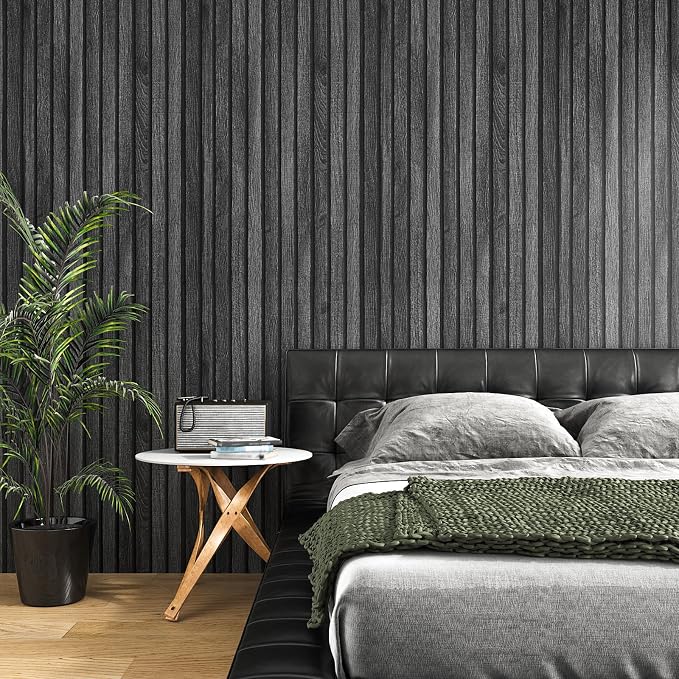 VEELIKE Charcoal Black Wood Slat Peel and Stick Wallpaper 24''x118'' Modern